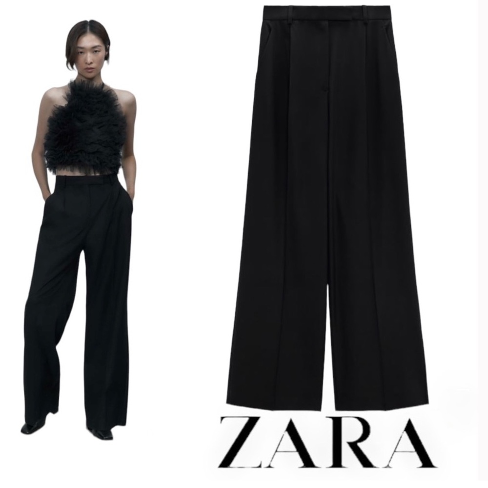 🩵 ZARA Black WIDE LEG PANTS WITH DARTS